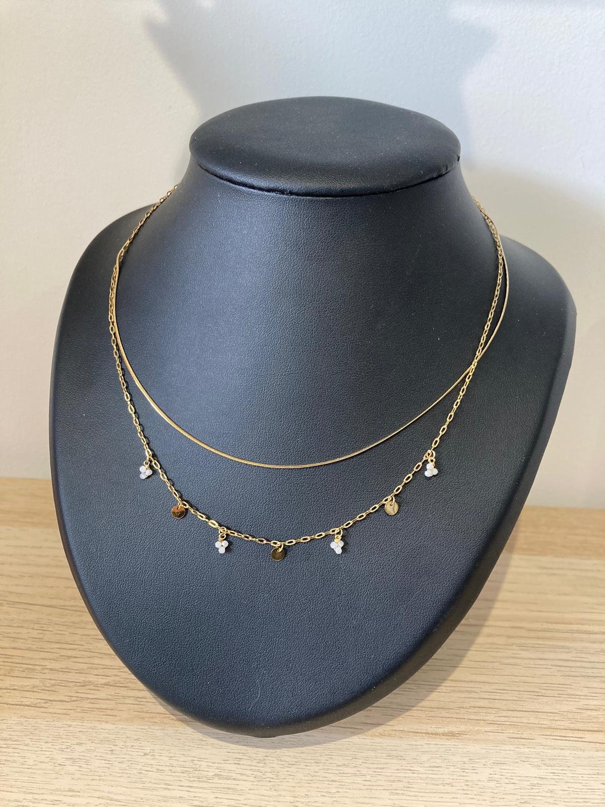 Double Collier Fin Plaqué Or avec Petites Pierres Blanches